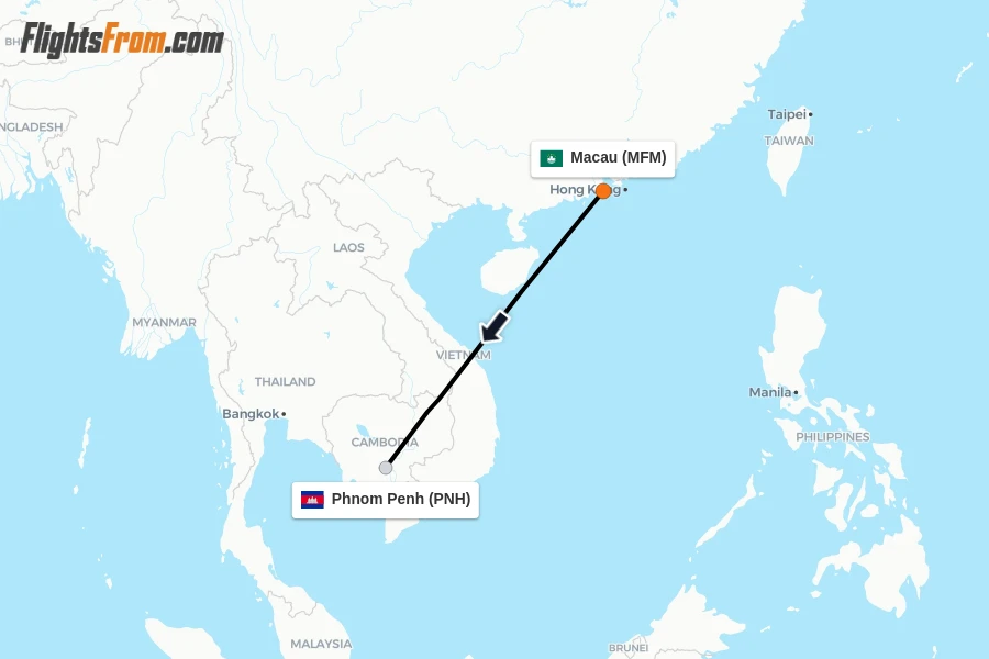 Flights from Macau to Phnom Penh route map