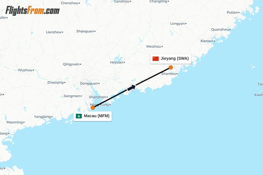 Flights from Macau to Jieyang route map