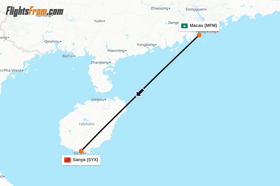 Flights from Macau to Sanya route map