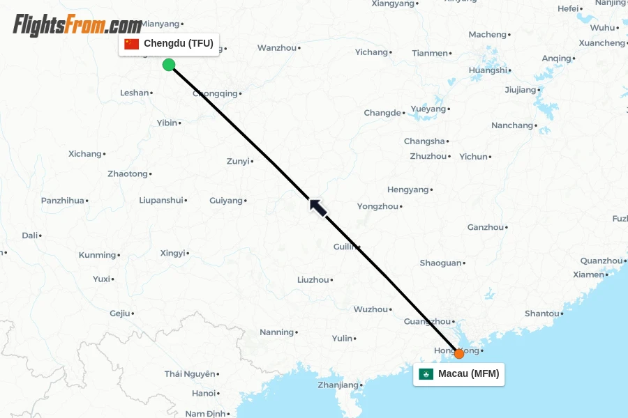 Flights from Macau to Chengdu route map