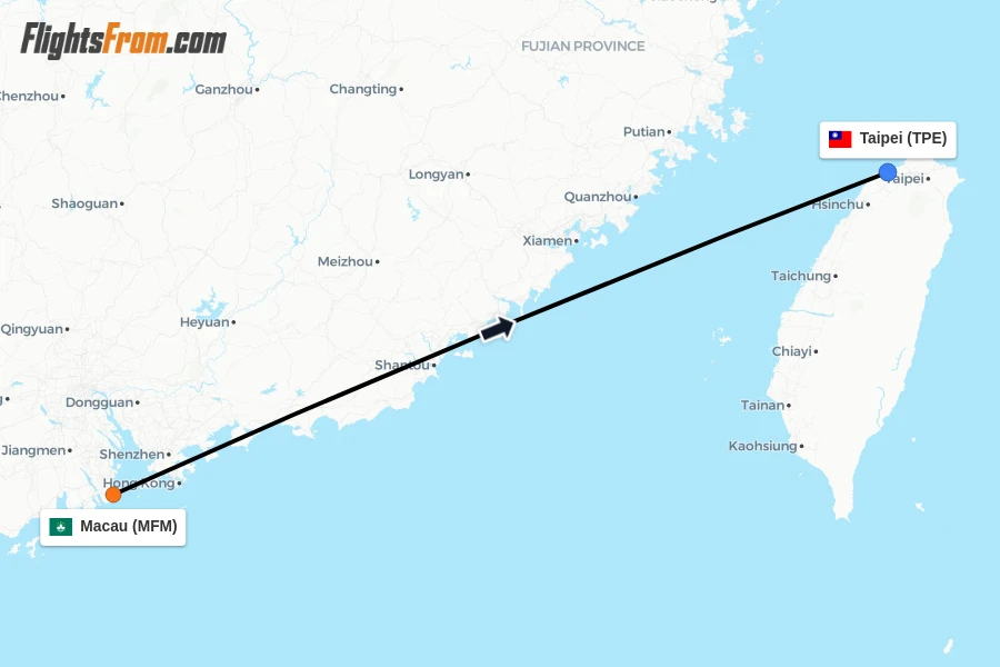 Flights from Macau to Taipei route map