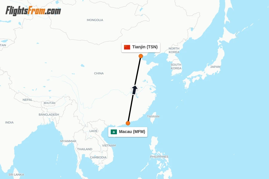 Flights from Macau to Tianjin route map