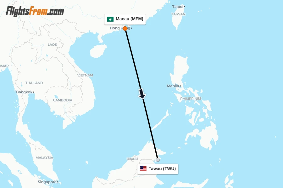 Flights from Macau to Tawau route map