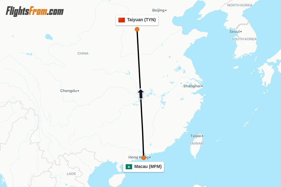 Flights from Macau to Taiyuan route map