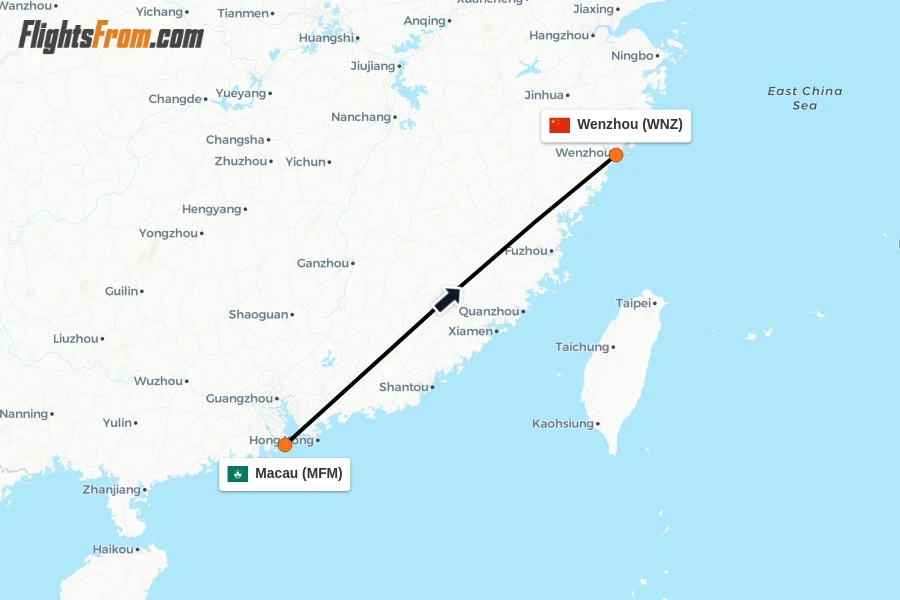 Flights from Macau to Wenzhou route map