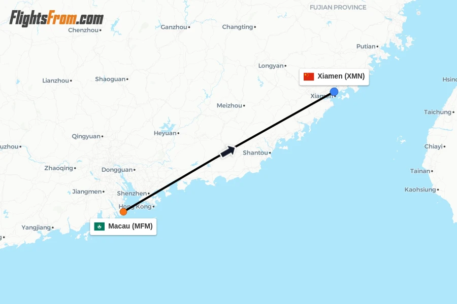 Flights from Macau to Xiamen route map