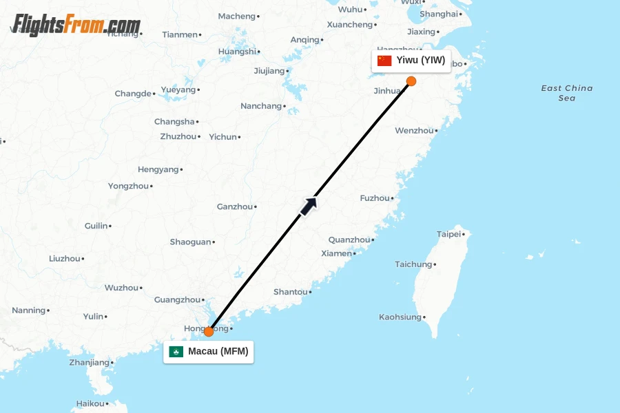 Flights from Macau to Yiwu route map