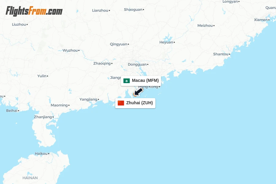 Flights from Macau to Zhuhai route map