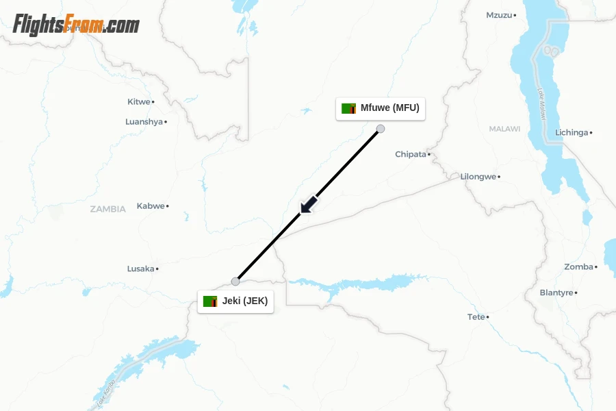 Flights from Mfuwe to Jeki route map