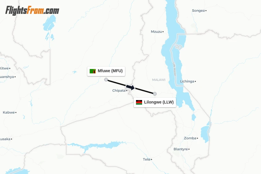 Flights from Mfuwe to Lilongwe route map