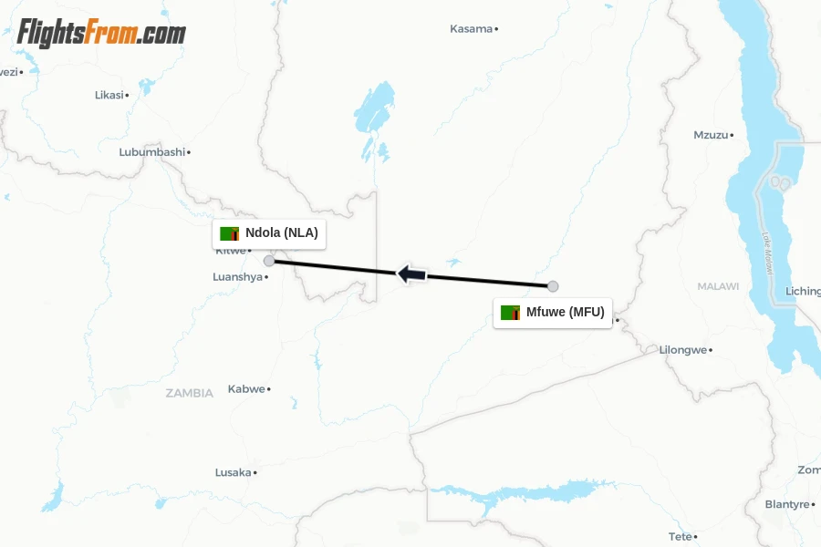 Flights from Mfuwe to Ndola route map