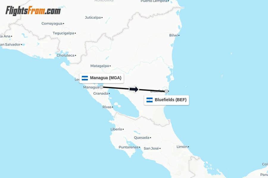Flights from Managua to Bluefields route map