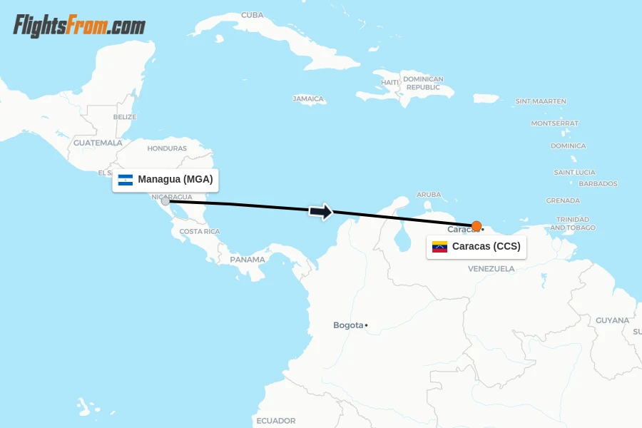 Flights from Managua to Caracas route map