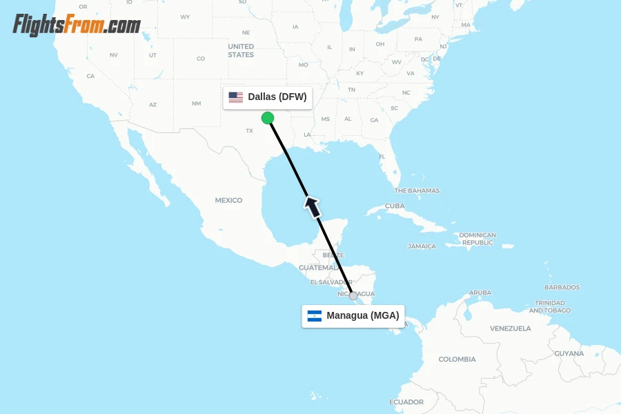 Flights from Managua to Dallas route map