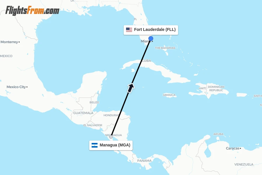 Flights from Managua to Fort Lauderdale route map