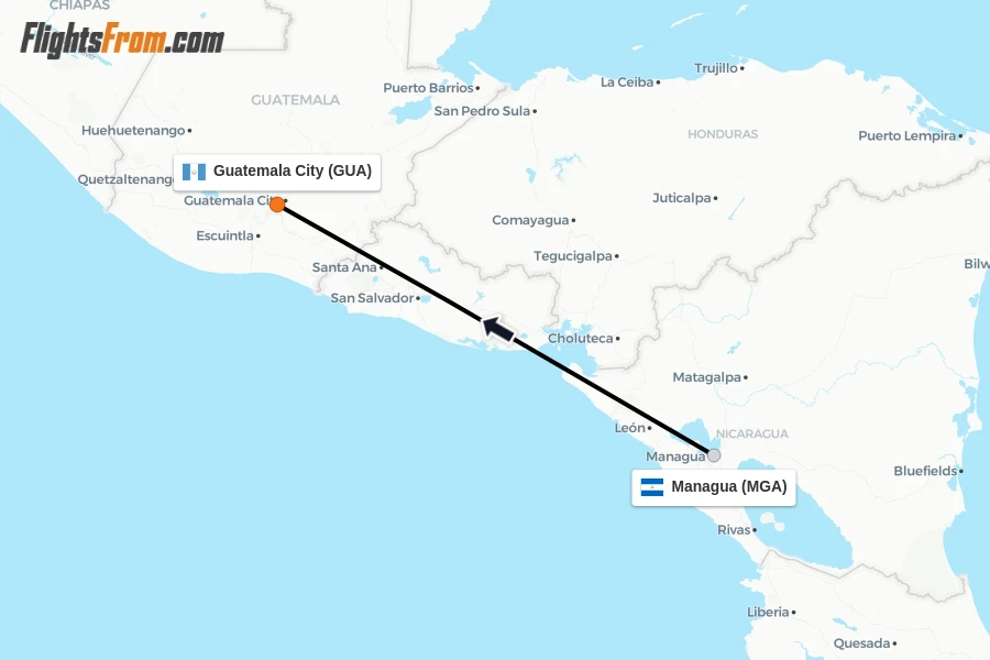 Flights from Managua to Guatemala City route map