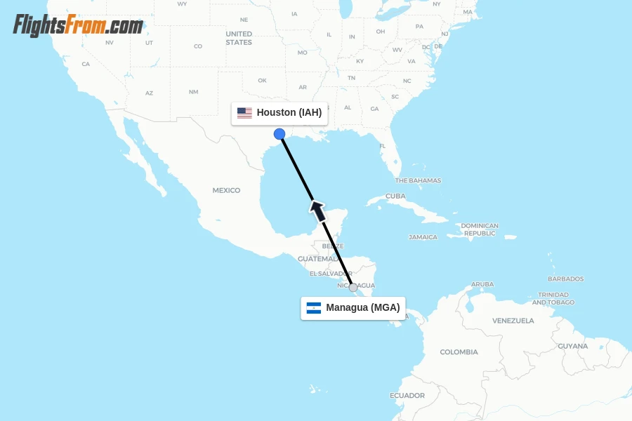 Flights from Managua to Houston route map