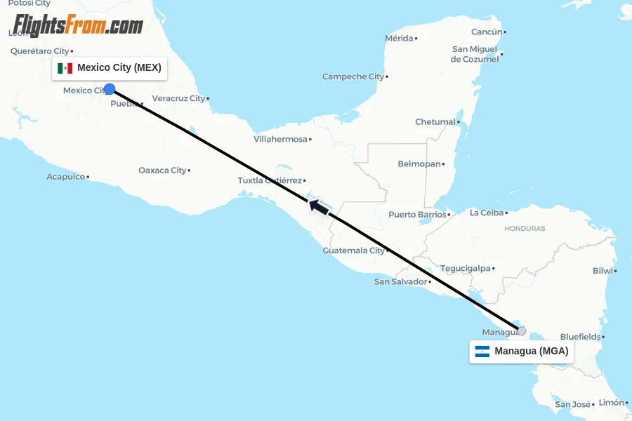 Flights from Managua to Mexico City route map