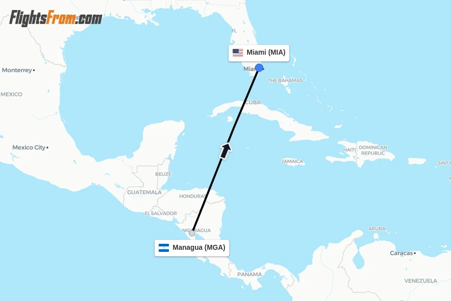 Flights from Managua to Miami route map