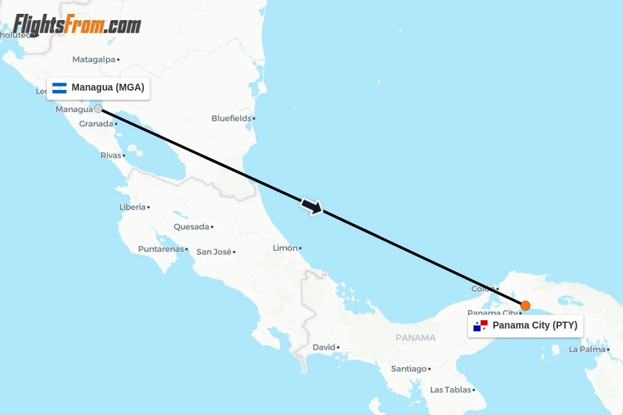 Flights from Managua to Panama City route map