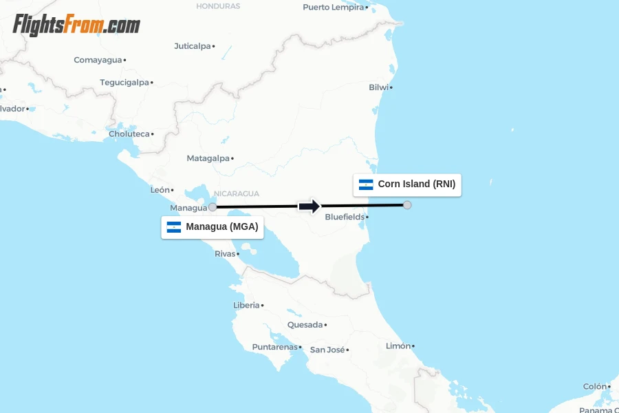 Flights from Managua to Corn Island route map