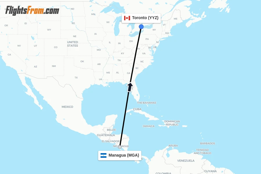 Flights from Managua to Toronto route map