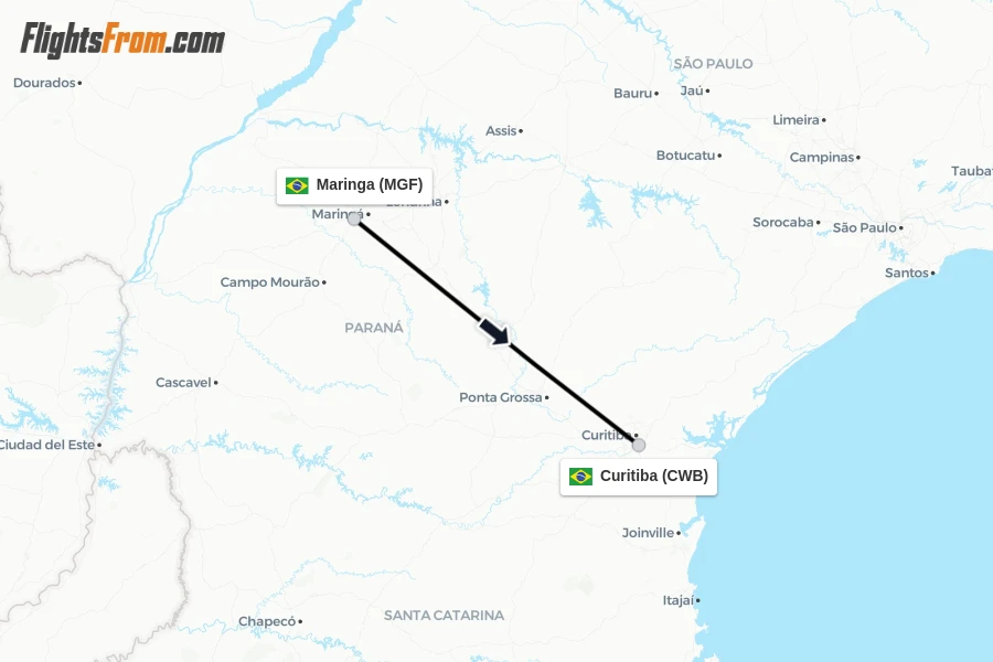 Flights from Maringa to Curitiba route map