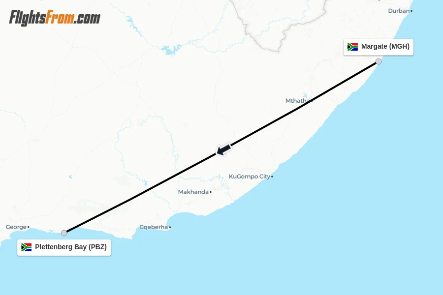 Flights from Margate to Plettenberg Bay route map