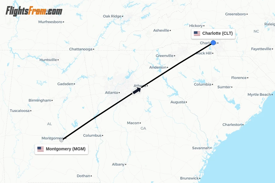 Flights from Montgomery to Charlotte route map