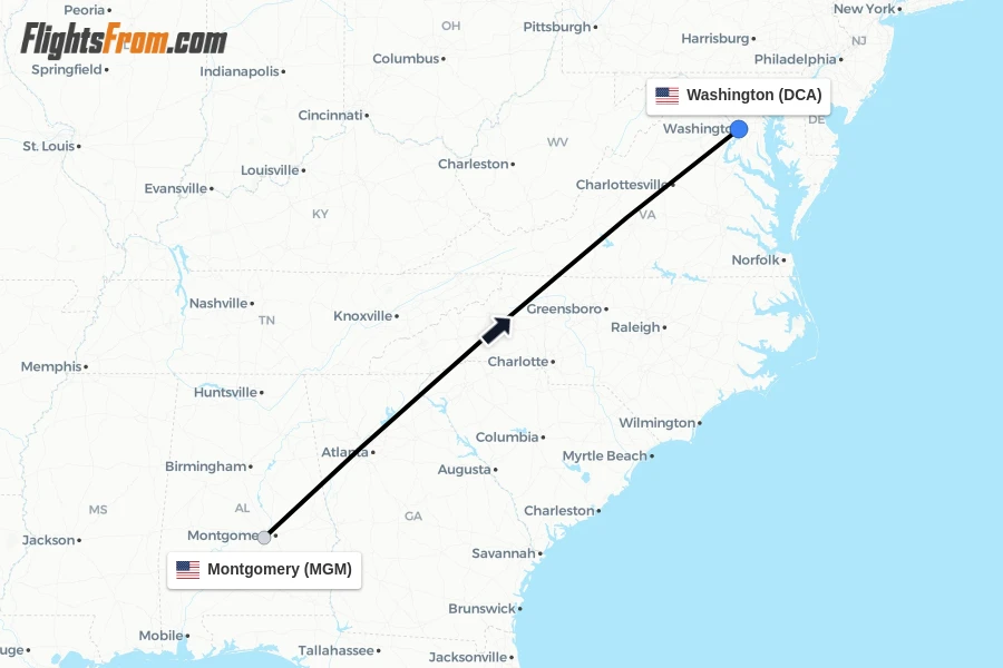 Flights from Montgomery to Washington route map