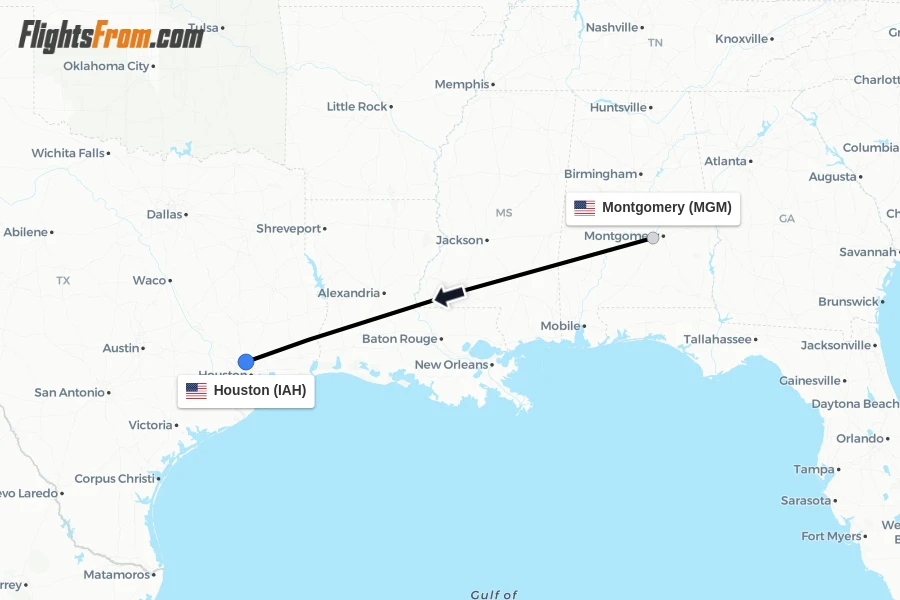 Flights from Montgomery to Houston route map