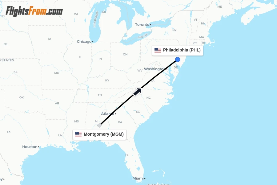 Flights from Montgomery to Philadelphia route map