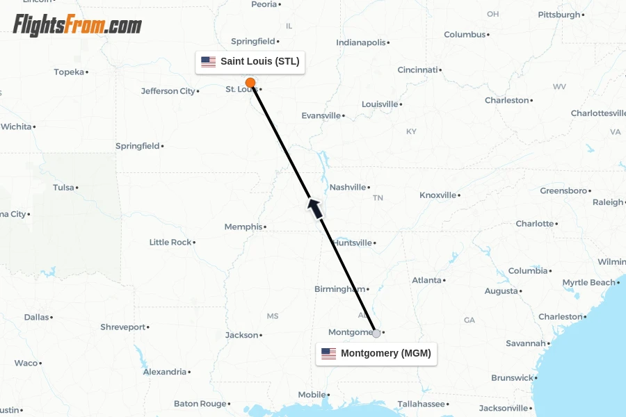 Flights from Montgomery to Saint Louis route map