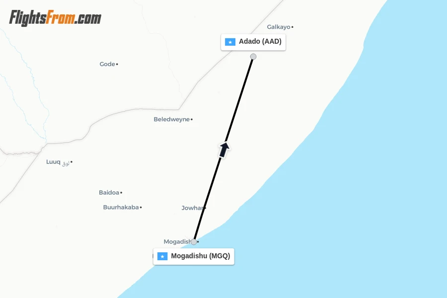 Flights from Mogadishu to Adado route map