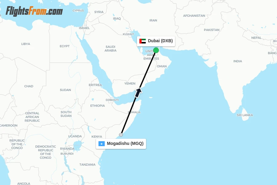 Flights from Mogadishu to Dubai route map