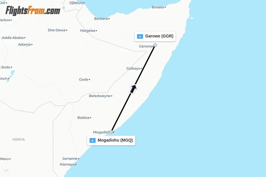 Flights from Mogadishu to Garowe route map