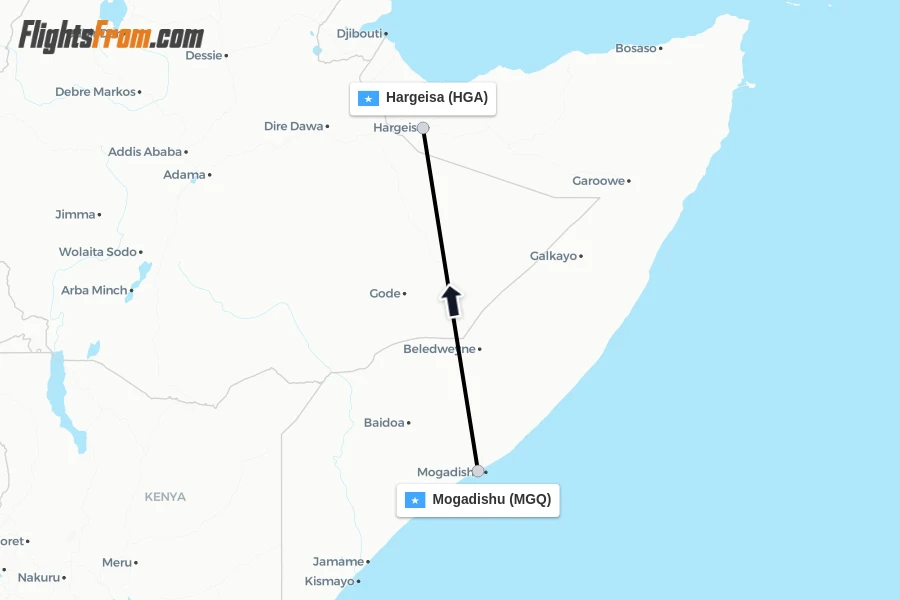 Flights from Mogadishu to Hargeisa route map
