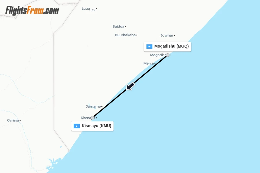 Flights from Mogadishu to Kismayu route map