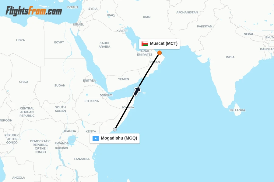 Flights from Mogadishu to Muscat route map