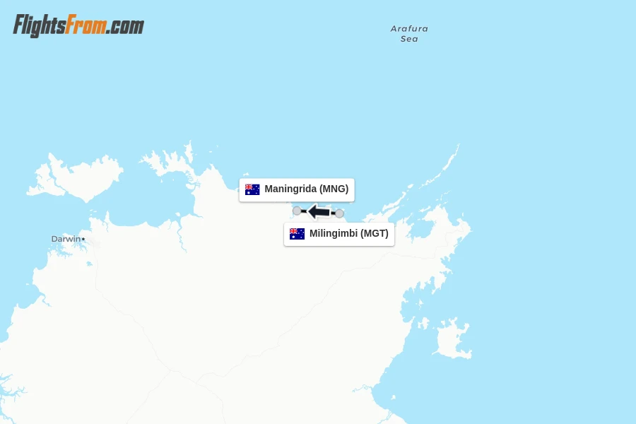 Flights from Milingimbi to Maningrida route map