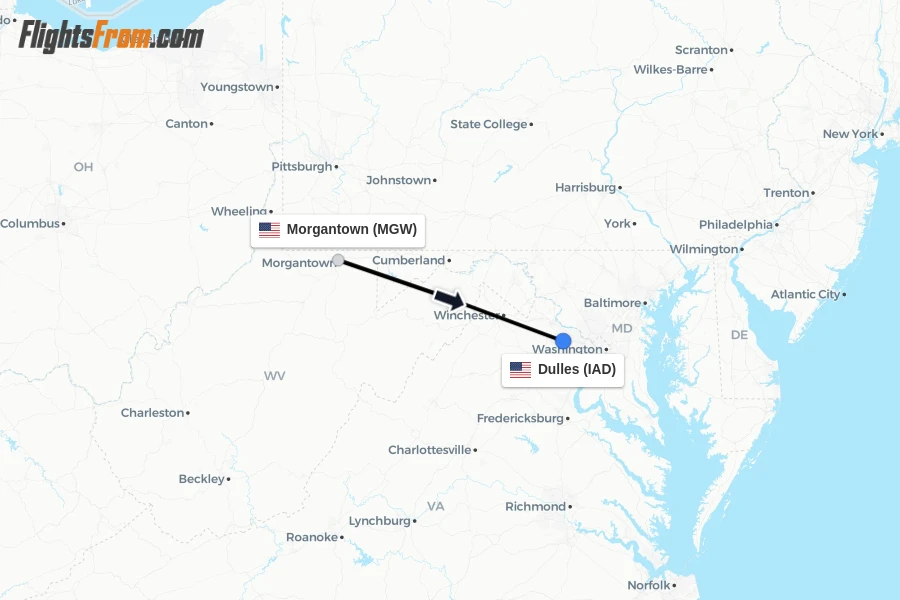 Flights from Morgantown to Dulles route map