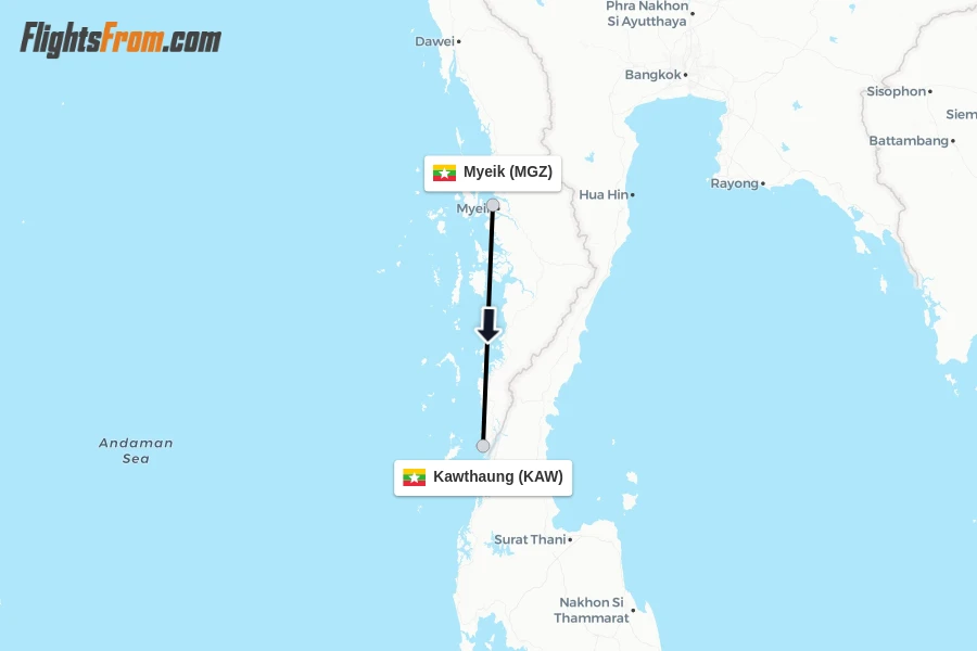 Flights from Myeik to Kawthaung route map
