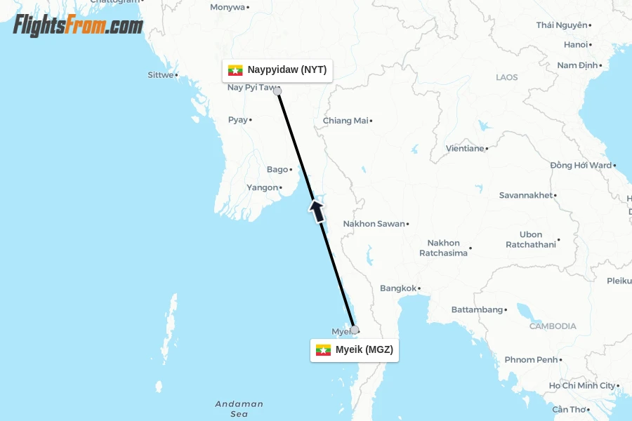 Flights from Myeik to Naypyidaw route map