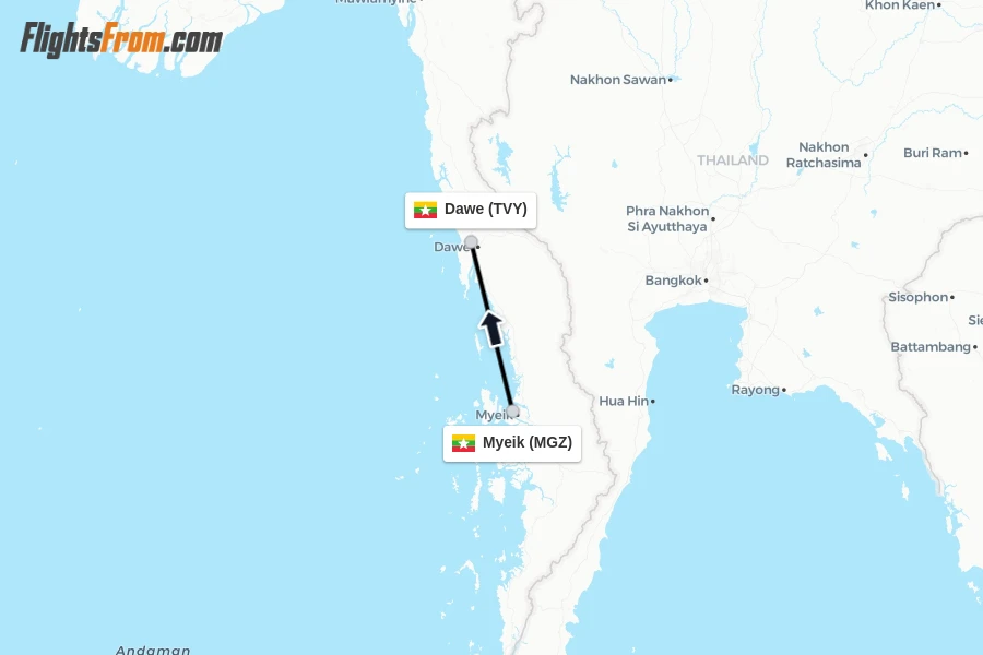 Flights from Myeik to Dawe route map