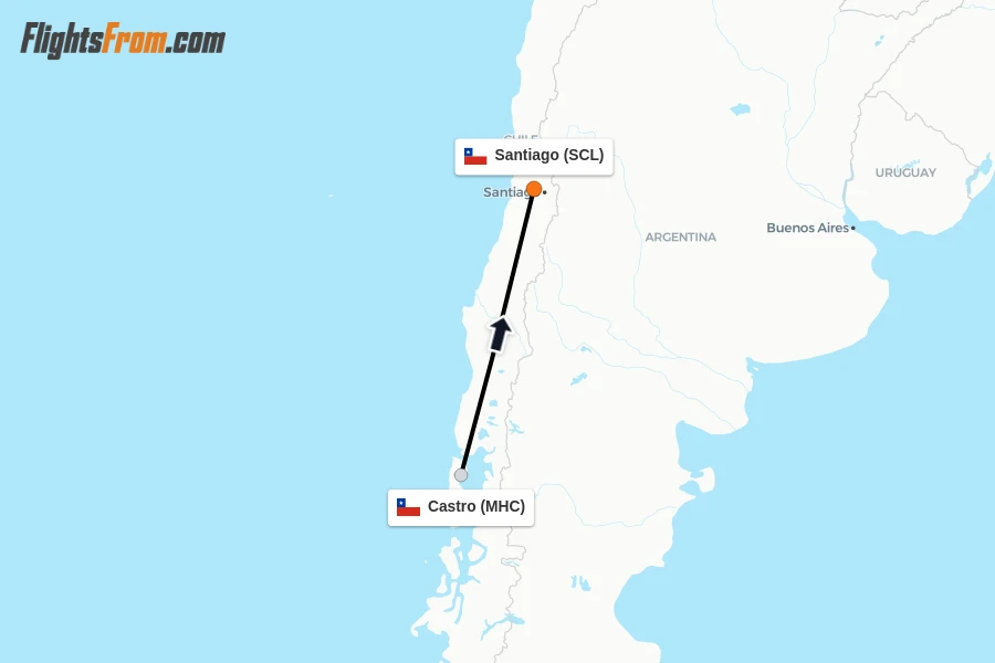 Flights from Castro to Santiago route map