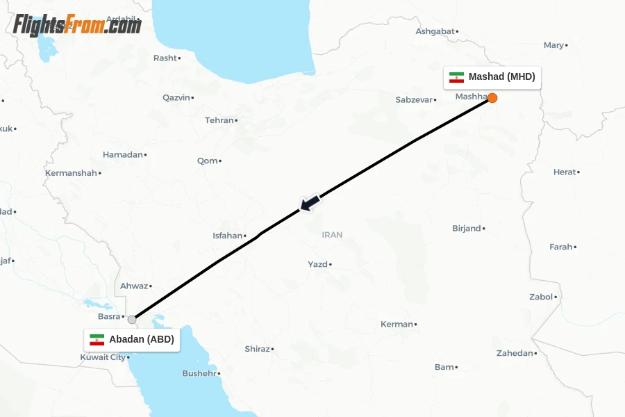 Flights from Mashad to Abadan route map