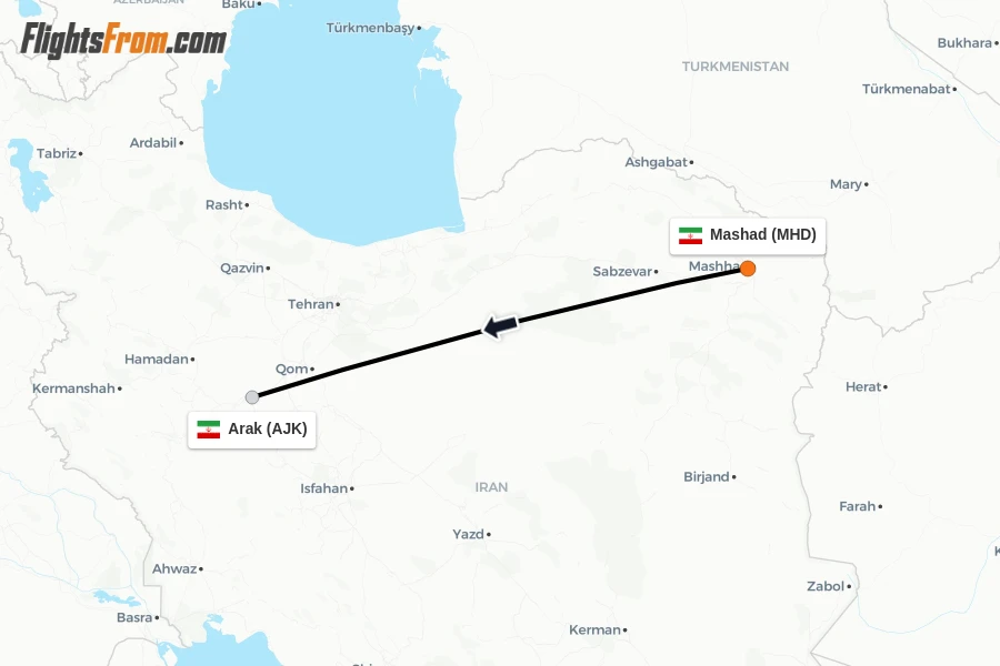 Flights from Mashad to Arak route map