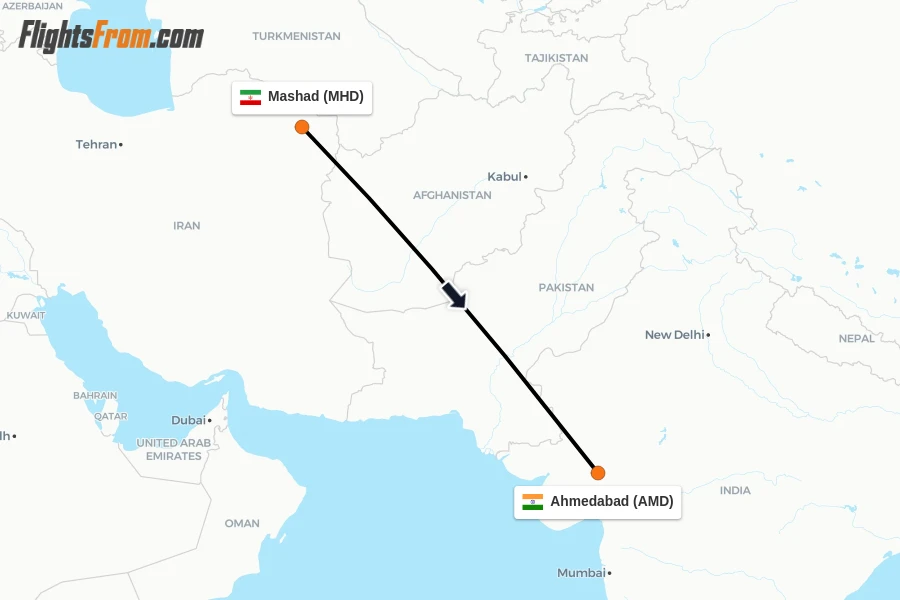 Flights from Mashad to Ahmedabad route map