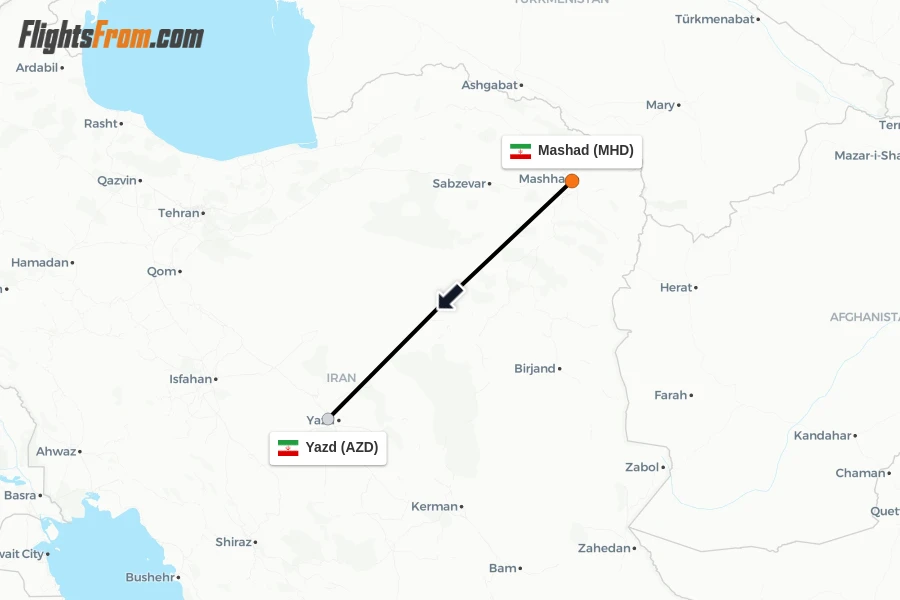 Flights from Mashad to Yazd route map
