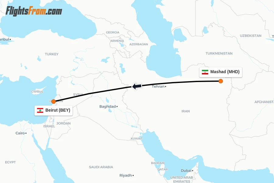 Flights from Mashad to Beirut route map